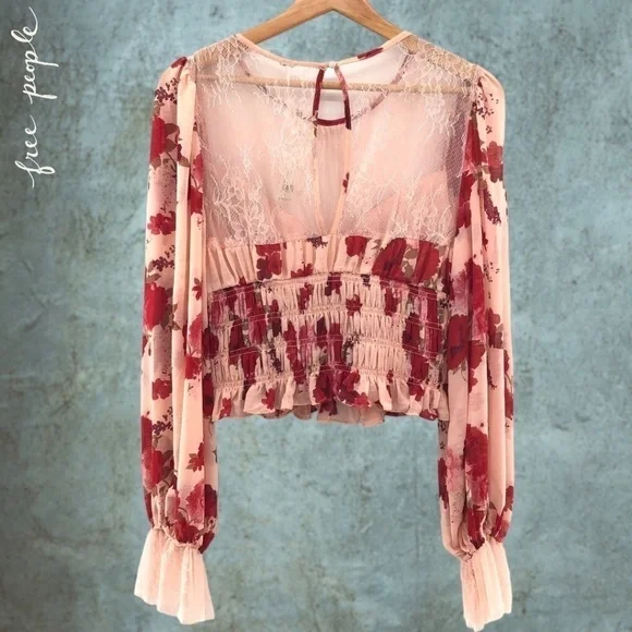FREE PEOPLE Daphne Rose/Floral Long Sleeve Sheer Lace Ruched Blouse-Sm NWT - Picture 13 of 16